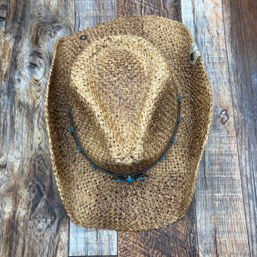 Peter Grimm Straw Cowboy Hat Brown Turquoise Bead Western Drifter - Picture 3 of 8